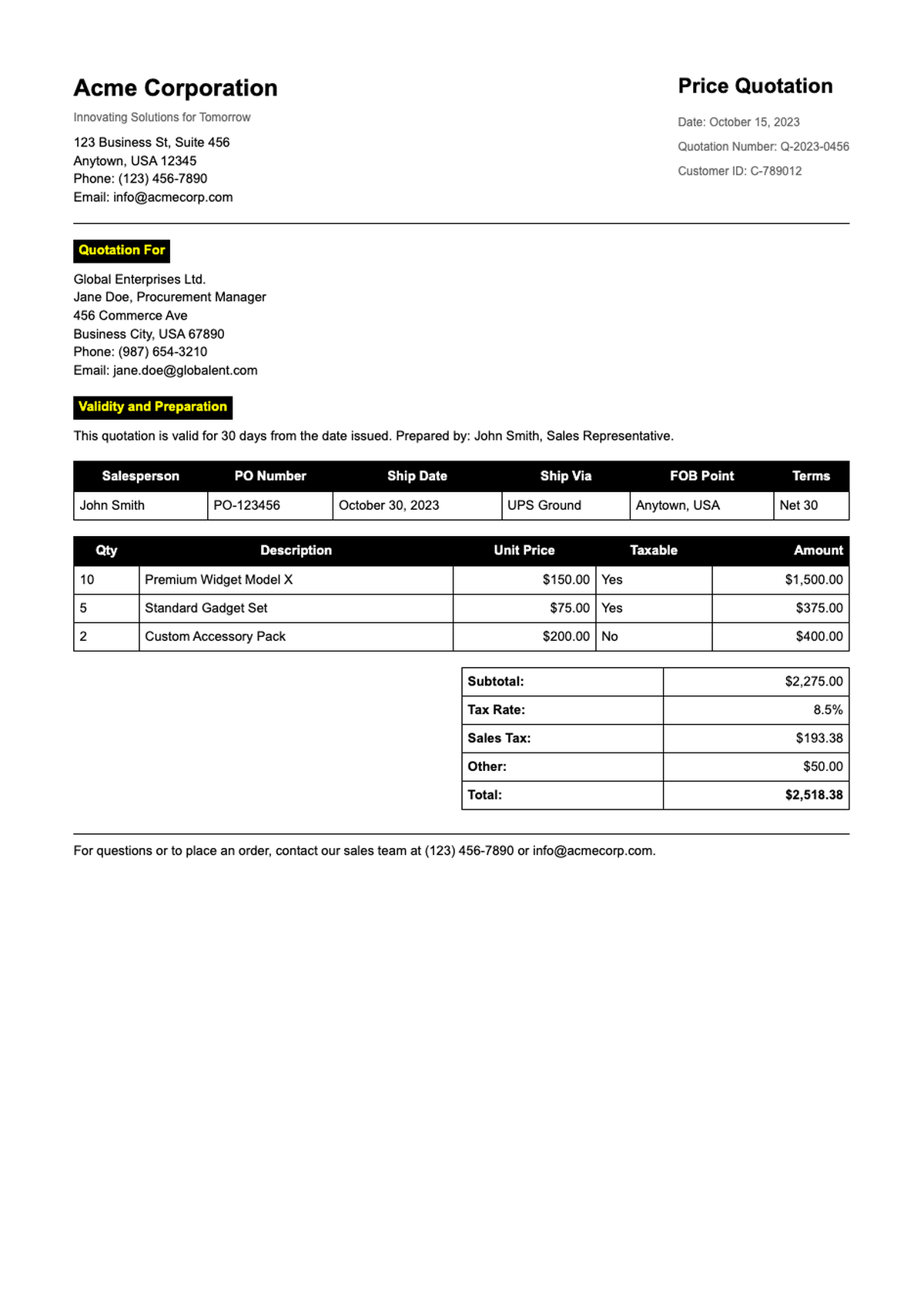 Professional price quotation template with itemized list and tax calculation_variant_3